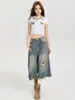 Shorts de mezclilla rotos estilo retro americano para mujer, estilo fino de verano, alta costura, adelgazantes, pantalones rectos holgados de pierna ancha de longitud media recortados