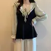 Nova roupa feminina de outono plus size: gola boneca, retalhos, manga longa, estilo Hepburn francês, blusa emagrecedora falsa de duas peças