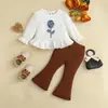 Conjunto de dos piezas de otoño para niña: Top fruncido con decoración de rosa tridimensional y pantalones acampanados elásticos acanalados para niños pequeños