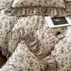 Conjunto de cama de quatro peças em linho de algodão pesado com estampa floral retrô de grau A para outono e inverno, algodão puro com acabamento em renda, estilo lençol de elástico 1,8m, 1,5