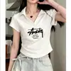 Camiseta de Manga Corta con Cuello Polo de Algodón con Hilo para Mujer, Verano Estilo Francés Elegante Cuello en V Ajustada Básica Versátil Camiseta Top