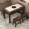 Mesa e Cadeiras para Lanchonete em Madeira Maciça Restaurante Loja de Macarrão Mesa Retangular para Fast Food Cantina Comercial Mesa para Churrasco Carbonizado Hot Pot