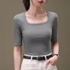 Camiseta negra de manga tres cuartos para mujer, nuevo modelo primavera y otoño 2026, cuello cuadrado, corte ajustado, tela modal, mangas tres cuartos, top de alta gama