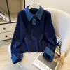 Suéter patchwork de ganga falso de duas peças com gola polo color block para mulheres, nova moda outono, top de malha macio e aconchegante A13998