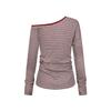 Top Asimétrico de Hombro Rayado Unbdns Rojo para Mujer, Nuevo Estilo Otoño, Corte Ajustado, Camiseta Manga Larga Corta, Moderno