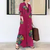 Destaque 2024 Algodão e Linho Estampado Gola Lapela Manga Longa Bolso Simples Solto Literário Casual Vestido Camisa Longo