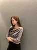 Tallas actualizadas disponibles: Camiseta chic de otoño nueva con cuello plisado y manga de tres cuartos para mujer, top básico adelgazante 19197