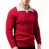 Suéter de tricô trançado retrô europeu e americano para homens, em blocos de cor, design falso de duas peças, com gola dobrável, suéter de tricô para outono e inverno 2026