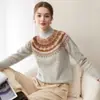 Suéter Retro Jacquard Fair Isle 100% Cachemir Puro para Mujer, Cuello Semi Alto, Tejido Engrosado, Suéter Base de Manga Larga
