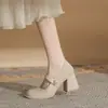 Jin Gang MY7005 Sapato Mary Jane com Salto Grosso Feminino 2024 Novo Primavera e Outono Versátil Salto Alto Sapato de Bico Fino para Mulheres