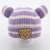 Ins Otoño e Invierno Estilo Coreano Sombreros Tejidos para Niños y Niñas Sombrero de Lana con Cabeza de Oso a Rayas para Bebé Sombrero Cálido Tipo Melón con Borde Enrollado