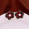 Brincos de Pérola Gota de Óleo Flor Dupla Agulha de Prata, Estilo Doce para o Dia a Dia, Brincos Elegantes, Brincos Modernos e de Alta Qualidade, Estilo de Nicho