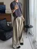 Calça pantalona plissada tridimensional estilo americano, calça de corte A para homens e mulheres, com design estiloso, caimento solto, fluido, calça casual de comprimento até o chão