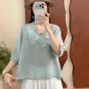 Novo top de linho bordado estilo nacional chinês, traje para chá para mulheres, blusa fina de linho de manga média para o verão de 2026