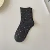 Meias de bolinhas cinzas para mulheres Primavera e Outono ins moda algodão com dobra estilo japonês meias personalizadas de bolinhas comprimento médio da panturrilha verão finas