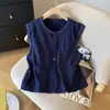 Diseño Coreano Chaleco de Botón Único Cuello Redondo Sin Mangas Top de Algodón y Lino para Mujer Verano Nuevo Versátil Diseño Bordado