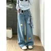 Chao Li tem em estoque jeans retrô tridimensional com bordado de desenho animado para mulheres, novo estilo de outono, calças retas versáteis de perna larga soltas