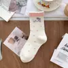 Calcetines de algodón lindos de gatito para mujer, primavera-verano, con dibujos animados, con lazo y encaje, calcetines de media pantorrilla, calcetines apilables
