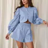 Traje de Moda Nuevo para Mujer Transfronterizo Diseño de Cuello Redondo y Manga Larga Top Cardigan Pantalones Cortos de Pierna Ancha Conjunto Casual de Dos Piezas