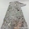 Novo Tecido de Renda Luxuoso da Moda EAU Dubai com Lantejoulas e Miçangas Bordadas à Mão Prateadas para Vestidos de Casamento