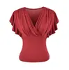 Camiseta sexy de manga corta con volantes y escote en V para mujer, diseño de verano, elegante, entallada, adelgazante, top corto, venta al por mayor