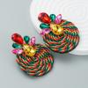 Pendientes exagerados de tendencia de moda europea y americana con diamantes de imitación de aleación de color poliéster, alambre elástico tejido, pendientes redondos al por mayor