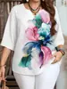 Roupas Femininas Plus Size Amazon Transfronteiriça Primavera e Verão Camiseta Casual Estampada Manga 3/5 Botões Gola V Solta Top