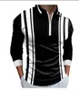 Nova camisa polo casual confortável de primavera e outono, com estampa 3D, manga longa, zíper, listrada, gola padre, camisa polo para atividades ao ar livre