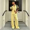 Nuevo Estilo Transfronterizo Europeo y Americano 2026: Conjunto Casual de Dos Piezas: Camisa de Manga Corta con Cuello Campana Abotonada y Pantalones de Pierna Ancha Elásticos de Cintura Alta