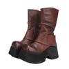 Botas Femininas Outono e Inverno 2025 Novas Couro Genuíno Retrô Feito à Mão Petite Pregueado Couro Integral Leve Solado Grosso Cano Médio