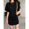 Bolso Plisado Cadera Manga Corta Vestido Corto Niños Verano Sexy Cintura Ceñida Adelgazante Ajustado Elegante Chica Picante Falda de Media Longitud
