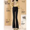 Calças micro forradas com fleece femininas 2024 novas explosões outono e inverno grossas cintura alta inverno cavalo preto jeans flare