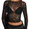 Top transparente de encaje estilo europeo y americano con mangas largas, corsé sexy de retazos calados, atuendo sexy para mujer, diseño negro ajustado