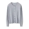 Cárdigan de Cachemira para Mujer Cuello Redondo Botones de Concha de una Fila Chaqueta de Punto Color Sólido Simple Clásico Versátil Top Morado