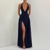 Otoño 2026 Nuevo Moda Femenina Transfronteriza Europea y Americana Estilo Francés Sexy Cuello en V Profundo Abertura Vestido de Color Sólido