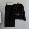Traje Profesional Transfronterizo con Cuello de Solapa Moda Traje para Mujer Primavera y Otoño de Gama Alta Adelgazante de Punto Falda de Cadera Conjunto de Dos Piezas