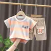 Conjunto de Ropa para Niños 2026 Verano Nuevo Estilo Coreano Rayas Hombro Caído Manga Corta Casual Shorts de Mezclilla para Niños y Niñas