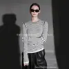Outono e Inverno Novas Peças Versáteis para o Dia a Dia Tricô Colorido Blocos Retrô Gola Alta Casual Simples Slim Manga Longa Camiseta Tops para Mulheres
