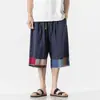 Verano Nuevo Pantalones Cortos de Tres Cuartos Estampados Bloques de Color para Hombre Estilo Chino Juvenil Casual Retro Holgados de Algodón y Lino Rectos