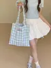 Bolso de Lona a Cuadros de Color Suave Contrastante, Mochila de Doble Cara, Estilo Fresco Pequeño, Bolso de Lona de Gran Capacidad