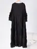 Vestido Franzido com Babados para Mulheres 2025 Outono Novo Estilo Manga Sino Floral Cor Sólida Gola Redonda Pulôver Vestido Longo