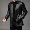 Jaqueta de Couro Masculina com Gola Reversível, de Botão Único, Comprimento Médio, Forrada com Lã, Jaqueta de Couro Espessa, Novo Estilo Outono e Inverno 2024, Casaco de Pai