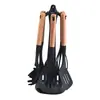 Patrón de Madera con Chispas Juego de 7 Piezas de Utensilios de Cocina de Nylon con Estante de Almacenamiento Utensilios de Cocina Cuchara Ranurada Tamizador de Harina Colador Espumadera Cucharón