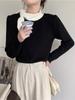Primavera y Otoño Estilo Coreano Elegante Lazo Bufanda Cuello Camiseta Manga Larga Spice Girls Sexy Ajustado Adelgazante Top Tejido Negro
