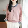 Cardigan Tricotado Gola Polo de Lã Fina Novo para Primavera e Outono 2026 Manga Longa Feminino Blusa Jaqueta Blocos de Cor Botão Quadrado Pequeno