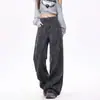 Calça Jeans Wide Leg Estilo Americano com Estampa Preta e Cinza para Mulheres, Novo Design de Nicho Outono/Inverno 2026 Calças Retas de Comprimento Total para Trabalho