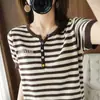 Primavera Verão Novo Tricô de Algodão Puro Estilo Coreano Meio Aberto Gola Redonda Tira de Botões Colorida Listrado Versátil Blusa Top de Bloco de Cor Simples Transfronteiriço