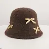 Estilo Outono Coreano Tricô Vazado de Lã Alpaca Laço Chapéu Balde Doce Trama Simples Respirável Afina o Rosto Quente Chapéu Balde