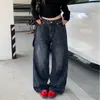 Jeans anchos de pierna ancha lavados con estampado de bambú estilo retro americano, color Naranja Juvenil # para mujer, corte holgado, adelgazantes, modernos, versátiles, pantalones de largo hasta el suelo