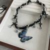 Dulce Estilo Cool Moda Cruz Cuentas Redondas Cuerda de Cuero Mariposa Cadena Clavícula Diseño Nicho para Mujer Collar Nuevo de Moda de Alta Gama